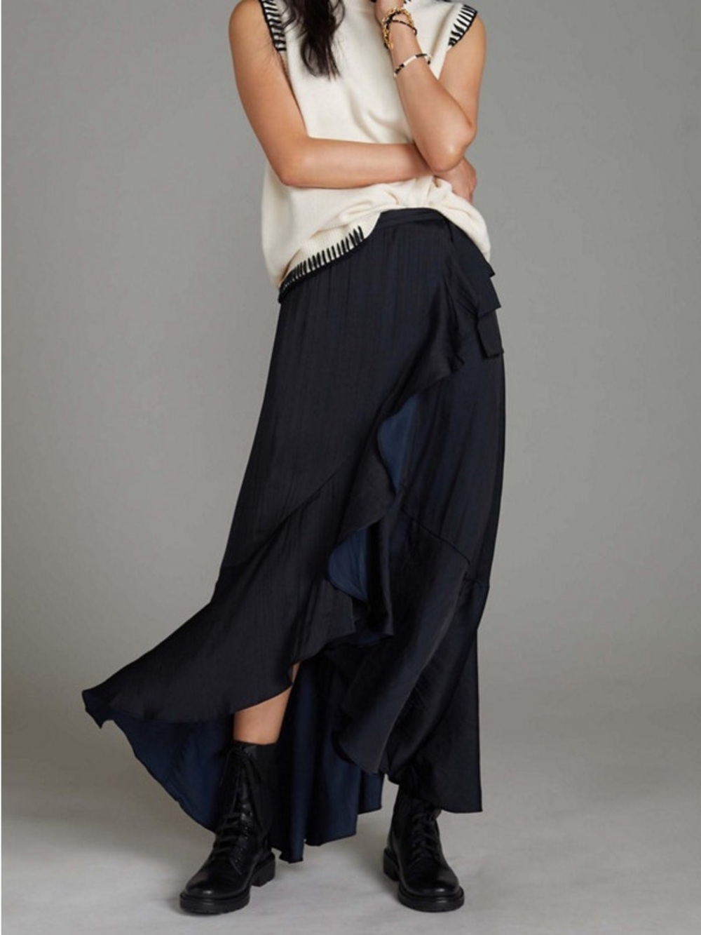 Maeve Black High-Low Ruffle Wrap Skirt